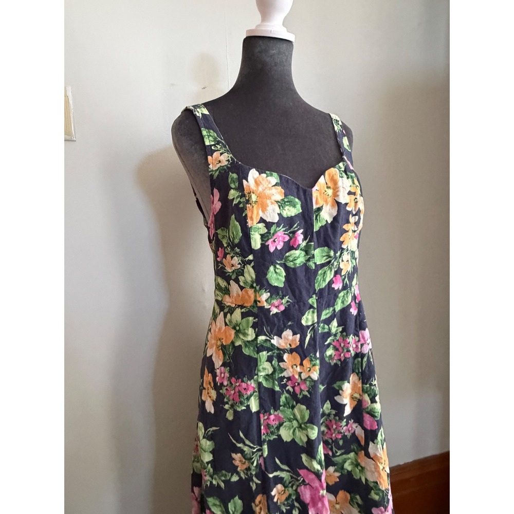 Long floral linen blend Lagenlook maxi boho dress. beachy coastal flowy medium - Picture 3 of 10